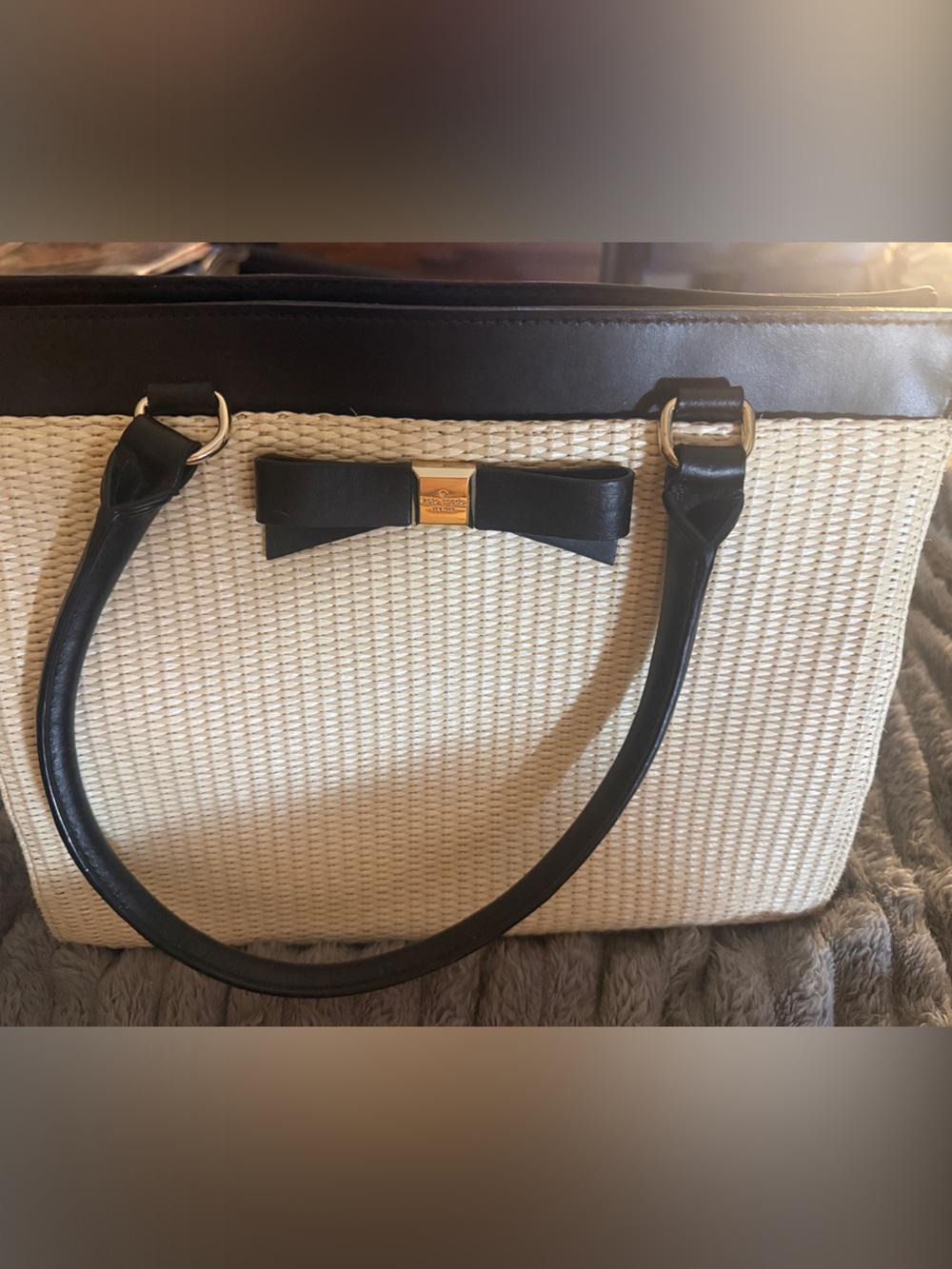 kate spade Cream Woven Shoulder Bag with Black Trim and Bow